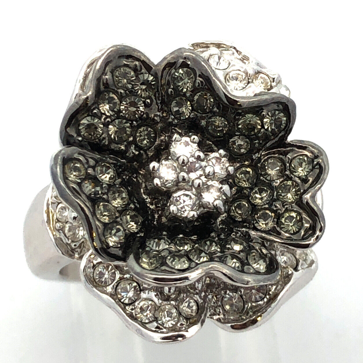 Designer Nolan Miller Silver Tone Pave Cubic Zirconia Black White Flower Ring