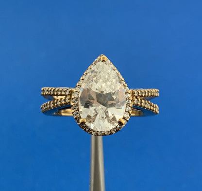 Designer Sterling Silver Vermeil Pear Cubic Zirconia Solitaire w/Accents Ring