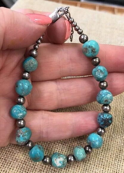 Vintage Artisan Sterling Silver 925 Natural Turquoise Bead Bracelet