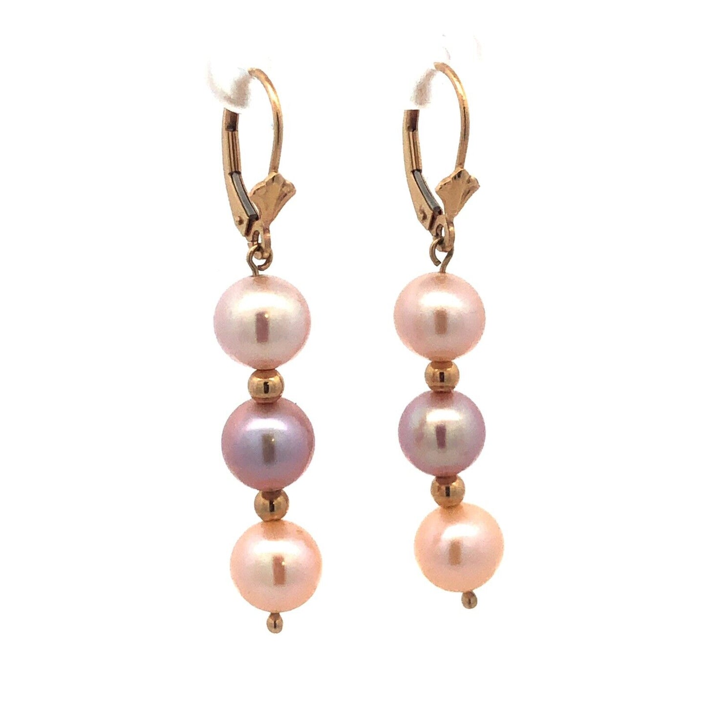 Designer 14K Yellow Gold Round Pink Pearl Beaded Dangle Earrings
