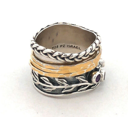 PAZ Creations 925 Sterling Silver Two Tone Amethyst Vine Wide Spinner Band Ring