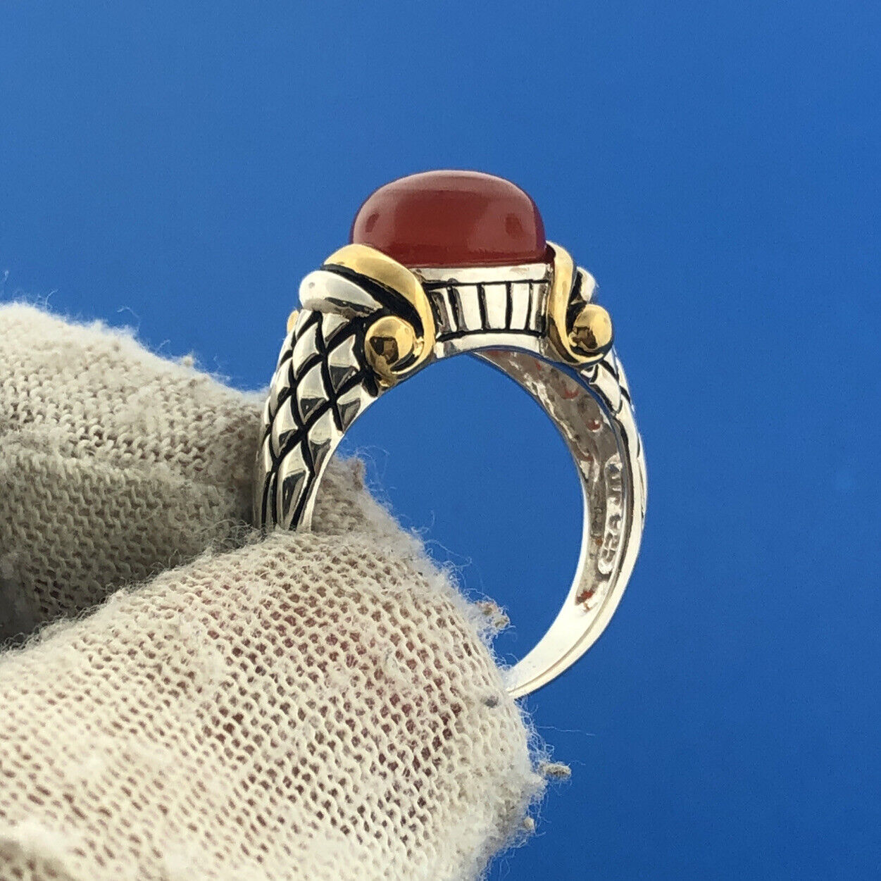 NF Sterling Silver 925 Gold Vermeil Red Carnelian Snakeskin Design Cocktail Ring