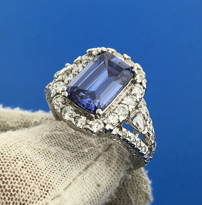 Dramatic 925 Sterling Silver Rectangle Blue Tourmaline CZ Accent Statement Ring