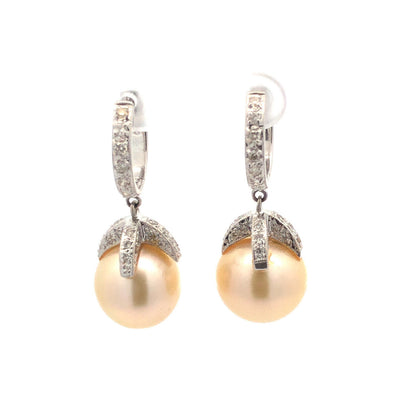 Vintage 18K White Gold Pearl Diamond Accent Dangle Drop Statement Hoop Earrings