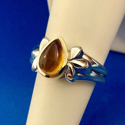 Designer Signed 925 Sterling Silver 18K Yellow Gold Citrine Pear Cabochon Ring