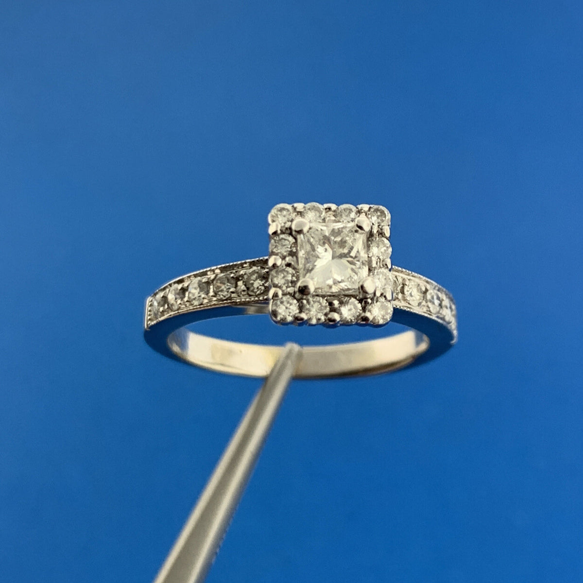 Designer 14K White Gold Princess Diamond Solitaire Halo Accented Engagement Ring