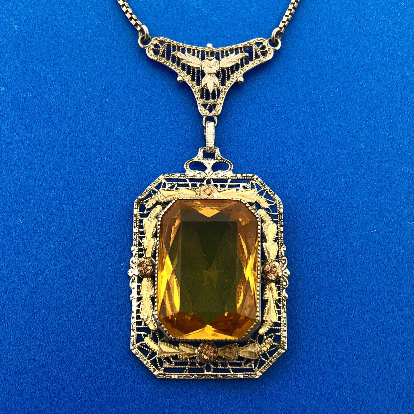 Italy 925 Sterling Silver 14K Yellow Gold Lemon Quartz Filigree Floral Necklace