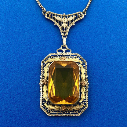 Italy 925 Sterling Silver 14K Yellow Gold Lemon Quartz Filigree Floral Necklace