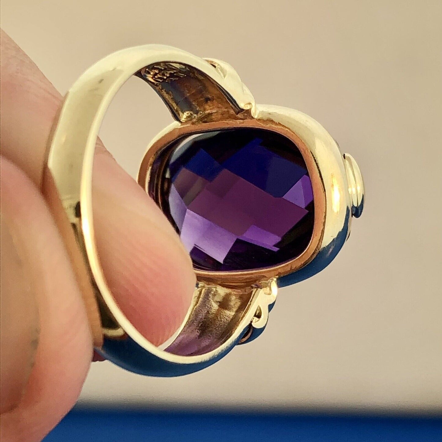 Modernist 14K Yellow Gold Cushion Cut Rectangle Purple Gemstone Anniversary Ring