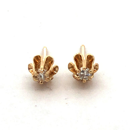 14K Yellow Gold Round Diamond Buttercup Flower Solitaire Stud Earrings