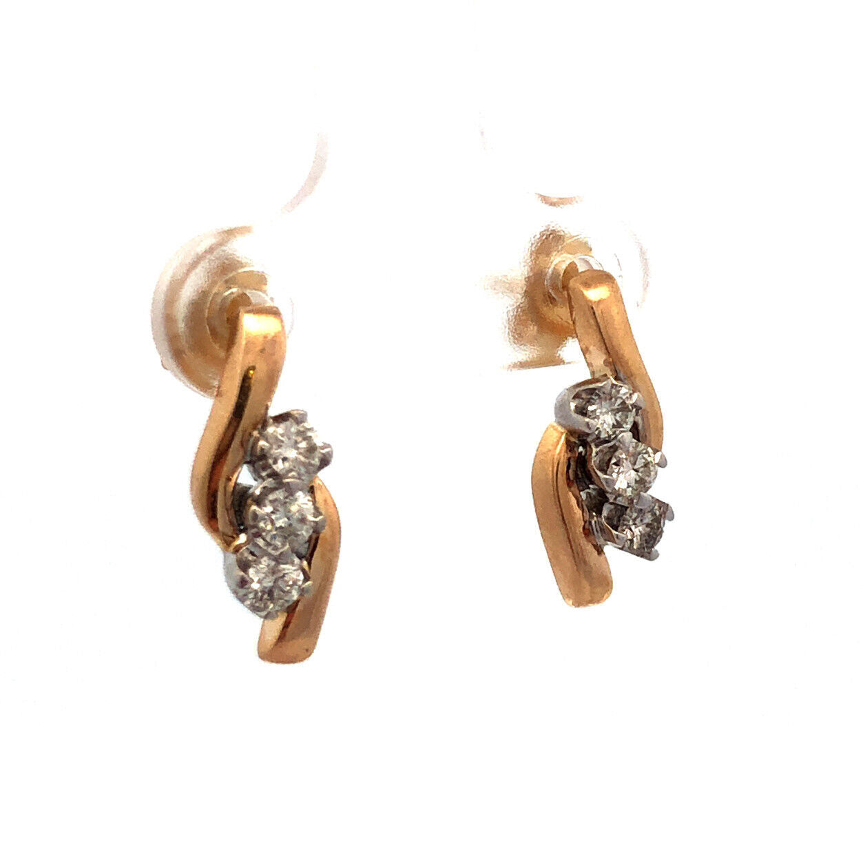 14K Yellow Gold Round Diamond Trio Modernist Anniversary Stud Earrings