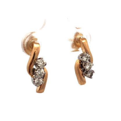 14K Yellow Gold Round Diamond Trio Modernist Anniversary Stud Earrings