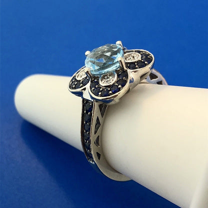 Le Vian 14K White Gold Blue Topaz Diamond Sapphire Flower Cluster Cocktail Ring