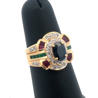 Designer 14K Yellow Gold Oval Blue Sapphire Emerald Ruby Diamond Accented Ring