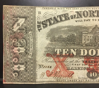 1863 $10 The State of North Carolina Note Civil War Era Possible Inking Error AU