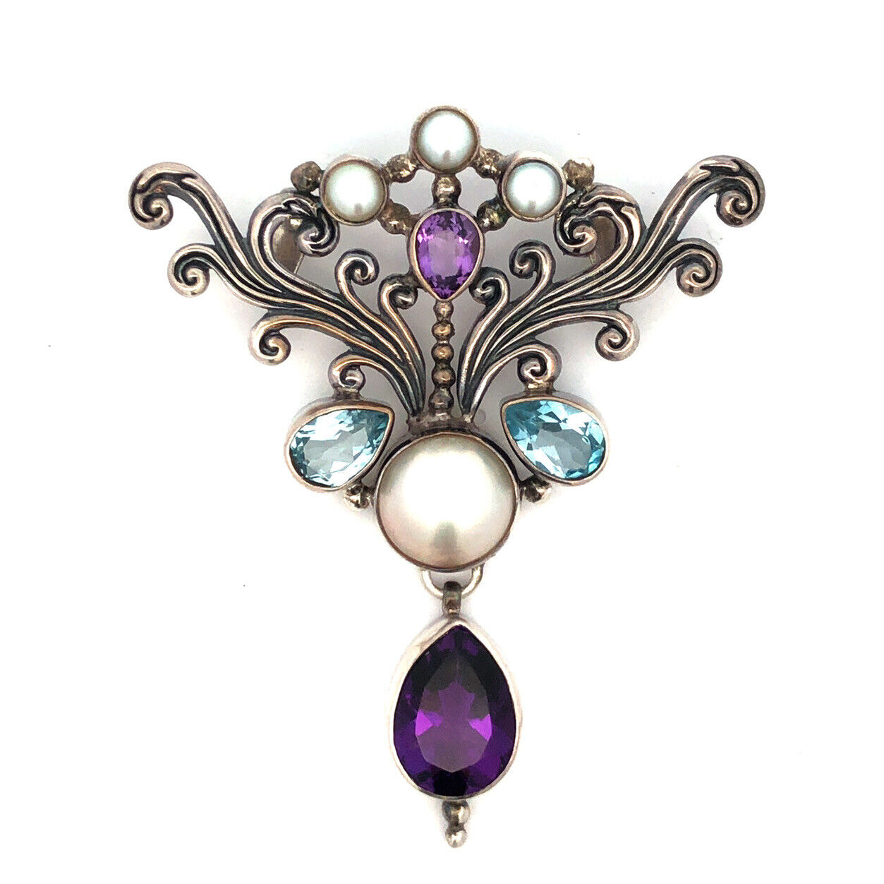 Sterling Silver Pearl Blue Topaz Amethyst Open Scroll Statement Pendant