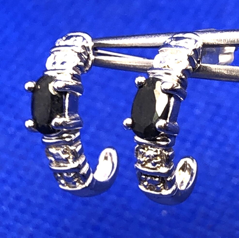 Black Onyx Diamond Accented 925 Sterling Silver Half Huggie Hoop Stud Earrings