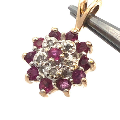 Vintage 14K Yellow Gold Round Ruby Diamond Cluster Flower Pendant