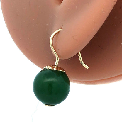 Estate 14K Yellow Gold Round Jade Ball Hook Dangle Earrings