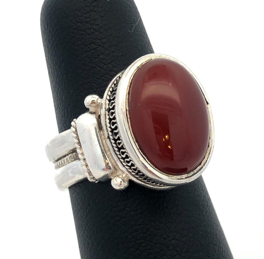 Designer BA 925 Sterling Silver Oval Red Carnelian Textured Statement Ring