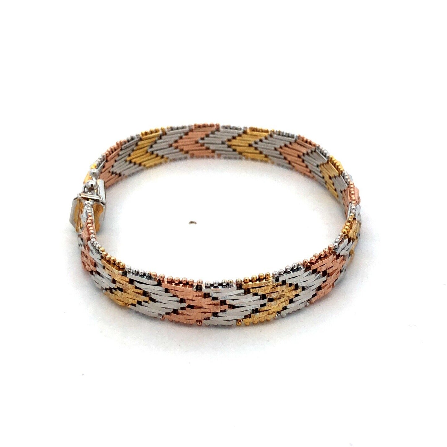 Italy Sterling Silver Gold Rose Gold Vermeil Tri-Color Chevron Chain Bracelet