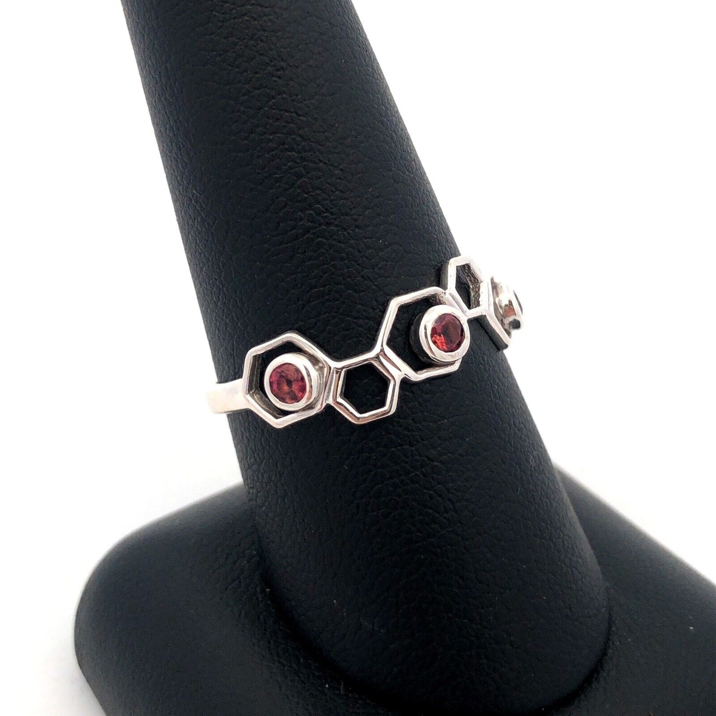 925 Sterling Silver Round Pink Tourmaline Honeycomb Hexagon Band Ring