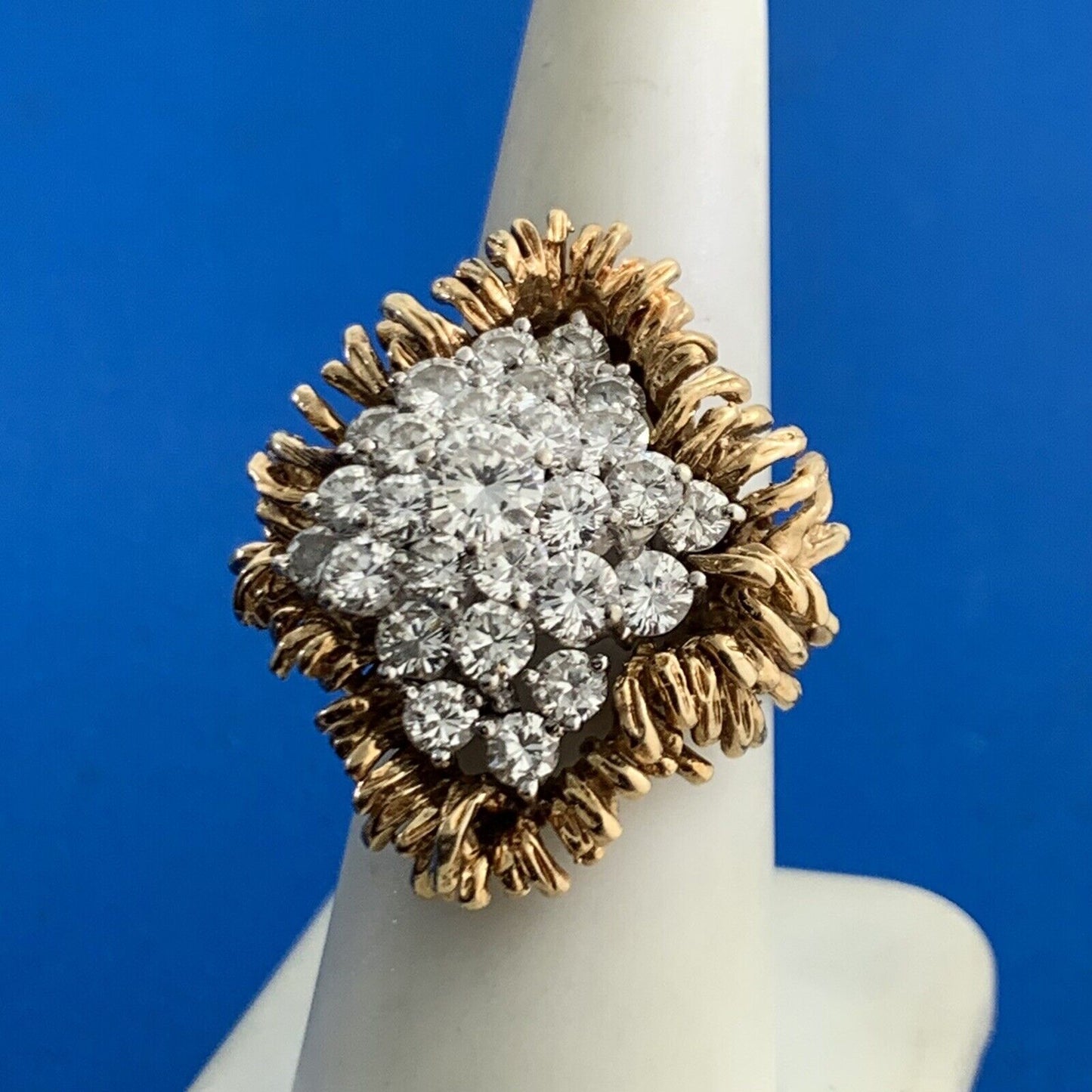Vintage 14K Yellow Gold Diamond Waterfall Cluster Statement Cocktail Ring