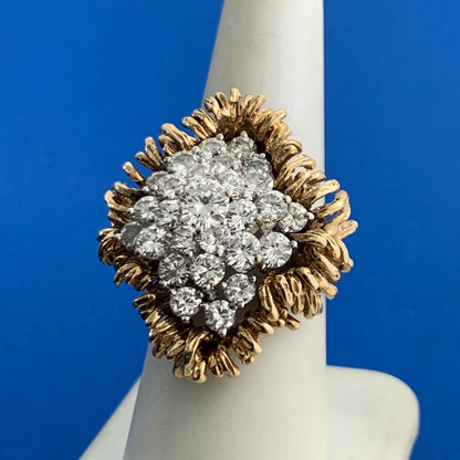 Vintage 14K Yellow Gold Diamond Waterfall Cluster Statement Cocktail Ring