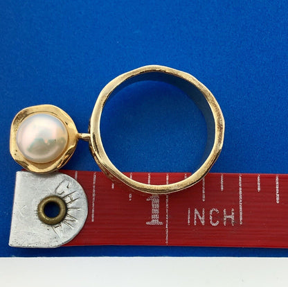 Designer LIRM Israel 925 Sterling Vermeil Pearl Dangle Charm Cocktail Ring