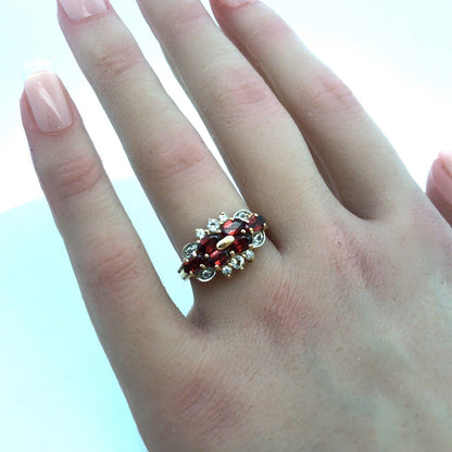 Designer 14K Yellow Gold Oval Garnet Diamond Cluster Cocktail Ring