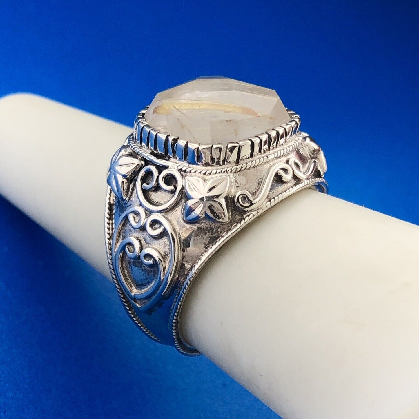 Lovely Sterling Silver 925 Floral Printed Reticulated Quartz Dome Ring Size 7