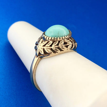 Estate 10K Yellow Gold Turquoise Cabochon Vine Leaf Open Work Beaded Dome Ring
