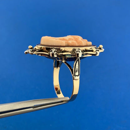 Vintage 14K Yellow Gold Double Carved Soldier Cameo Diamond Accent Etruscan Ring