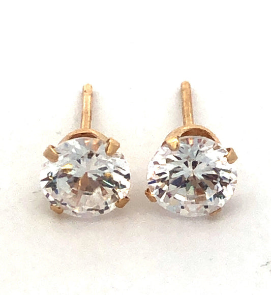 14K Yellow Gold Round Cubic Zirconia Solitaire Stud Earrings