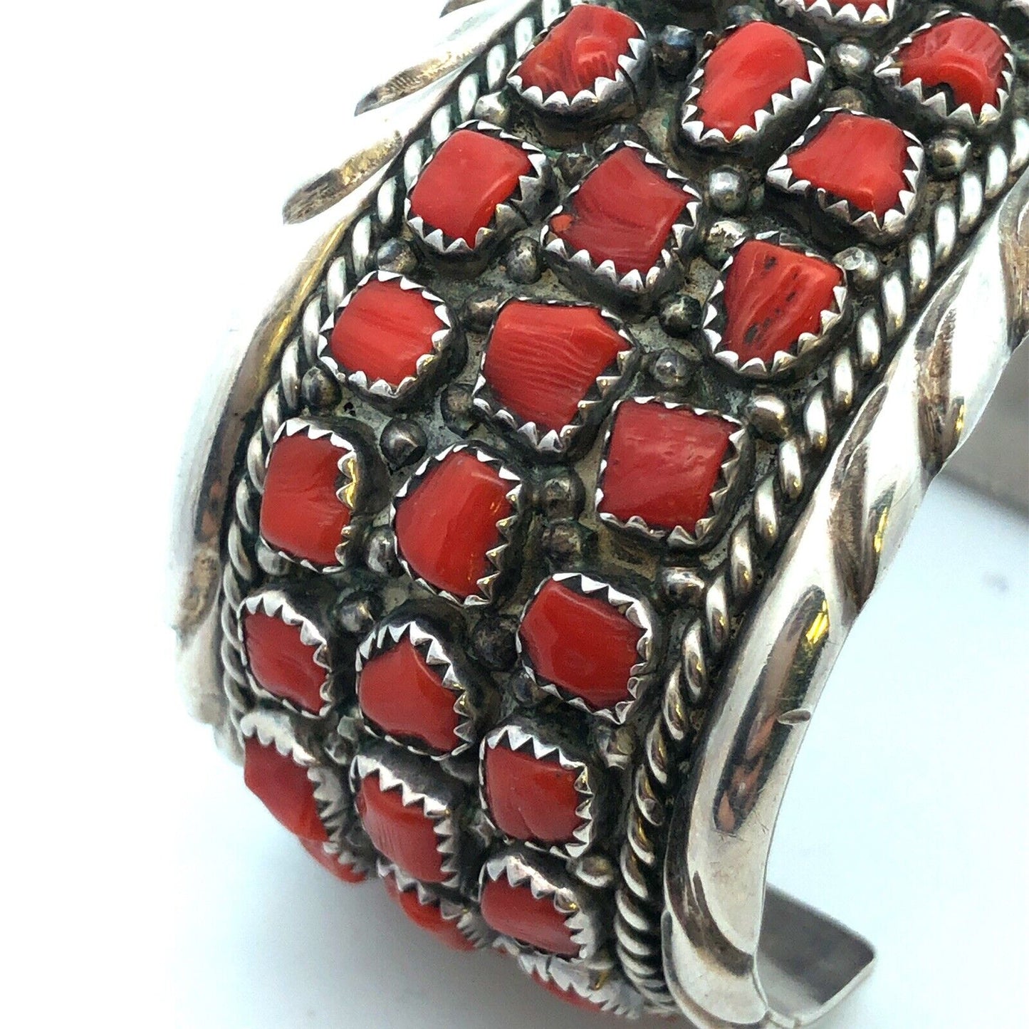 Melvin Chee Navajo 925 Sterling Silver Red Coral Statement Open Cuff Bracelet