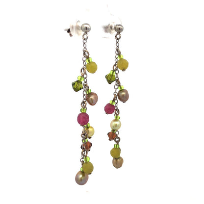 925 Sterling Silver Multi Gemstone Green Purple Cluster Dangle Earrings