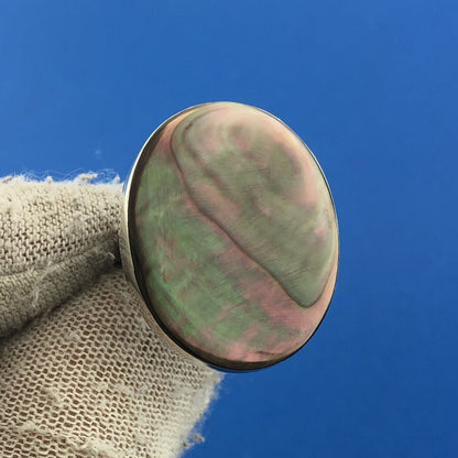 Designer LS Sterling Silver 925 Abalone Modernist Statement Cocktail Ring