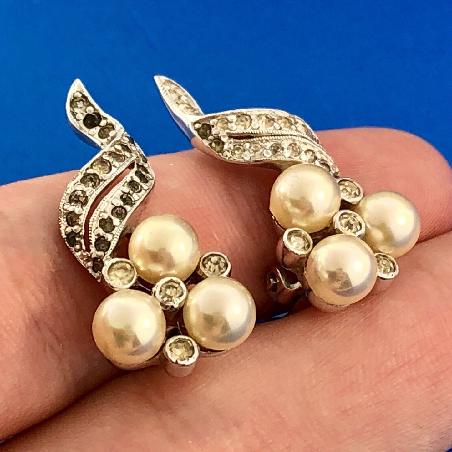 Polcini Signed Silver Tone Rhinestone Faux Pearl Modernist Bouquet Clip Earrings