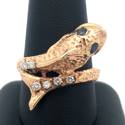 Vintage 14K Yellow Gold Diamond Pearl Blue Sapphire Fish Bypass Ring