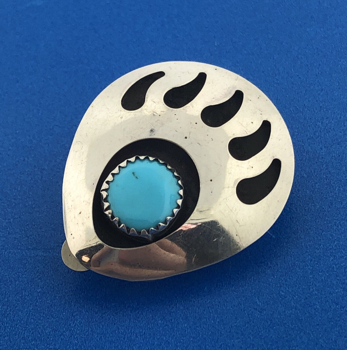 Native American Old Pawn 925 Sterling Silver Turquoise Bear Claw Clip Earrings