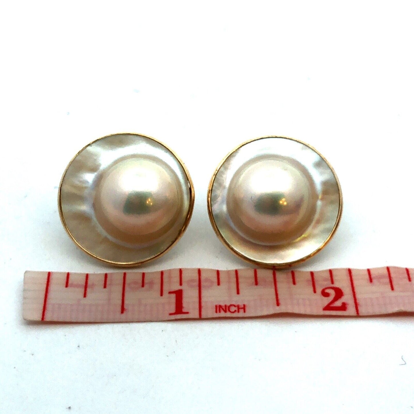 Designer 14K Yellow Gold Mabe Pearl Round Statement Dome Stud Earrings