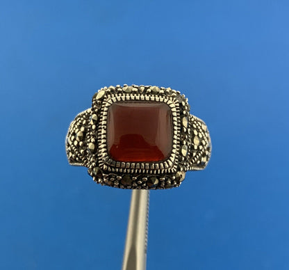 Designer 925 Sterling Silver Red Carnelian Marcasite Square Dome Ring
