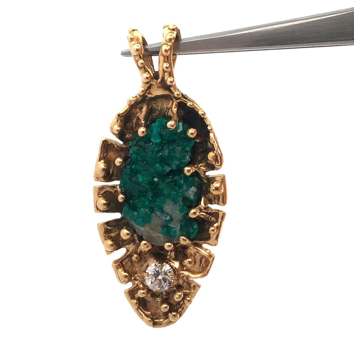 Artisan 14K Yellow Gold Green Gemstone Cubic Zirconia Leaf Statement Pendant
