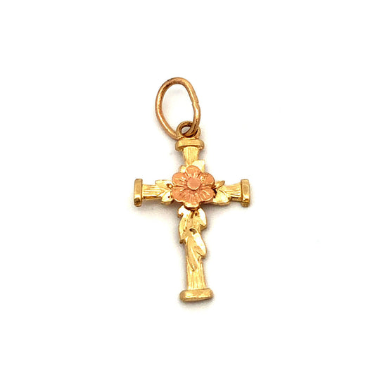 Designer 14K Yellow Gold Rose Gold Flower Leaf Floral Religious Cross Pendant