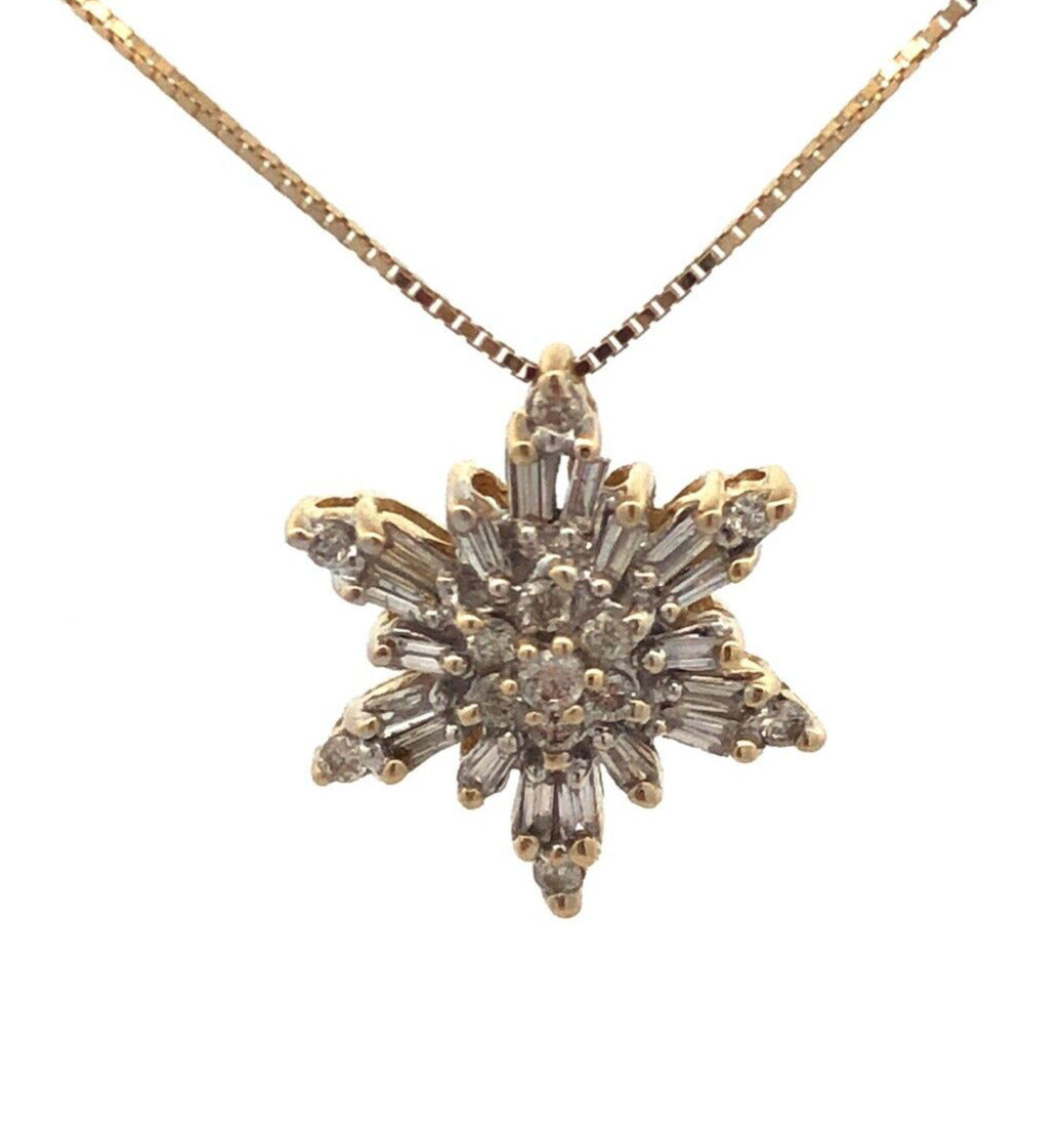 Designer AOL 14K Yellow Gold Baguette Diamond Cluster Snowflake Pendant Necklace