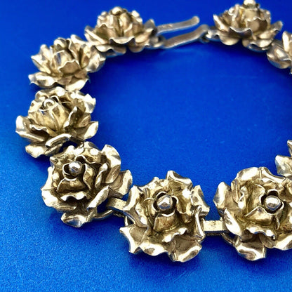 Vintage TB-50 Taxco 980 Fine Silver Rose Floral Statement Panel Bracelet