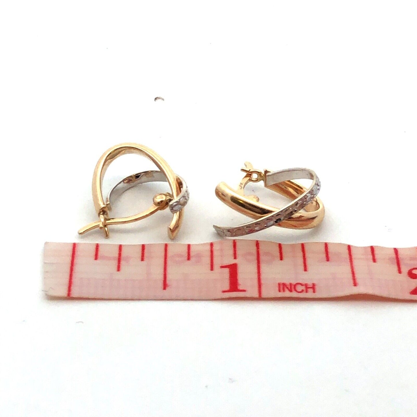 Designer 14K Yellow White Gold Textured X Criss Cross Two Tone Hoop Earrings