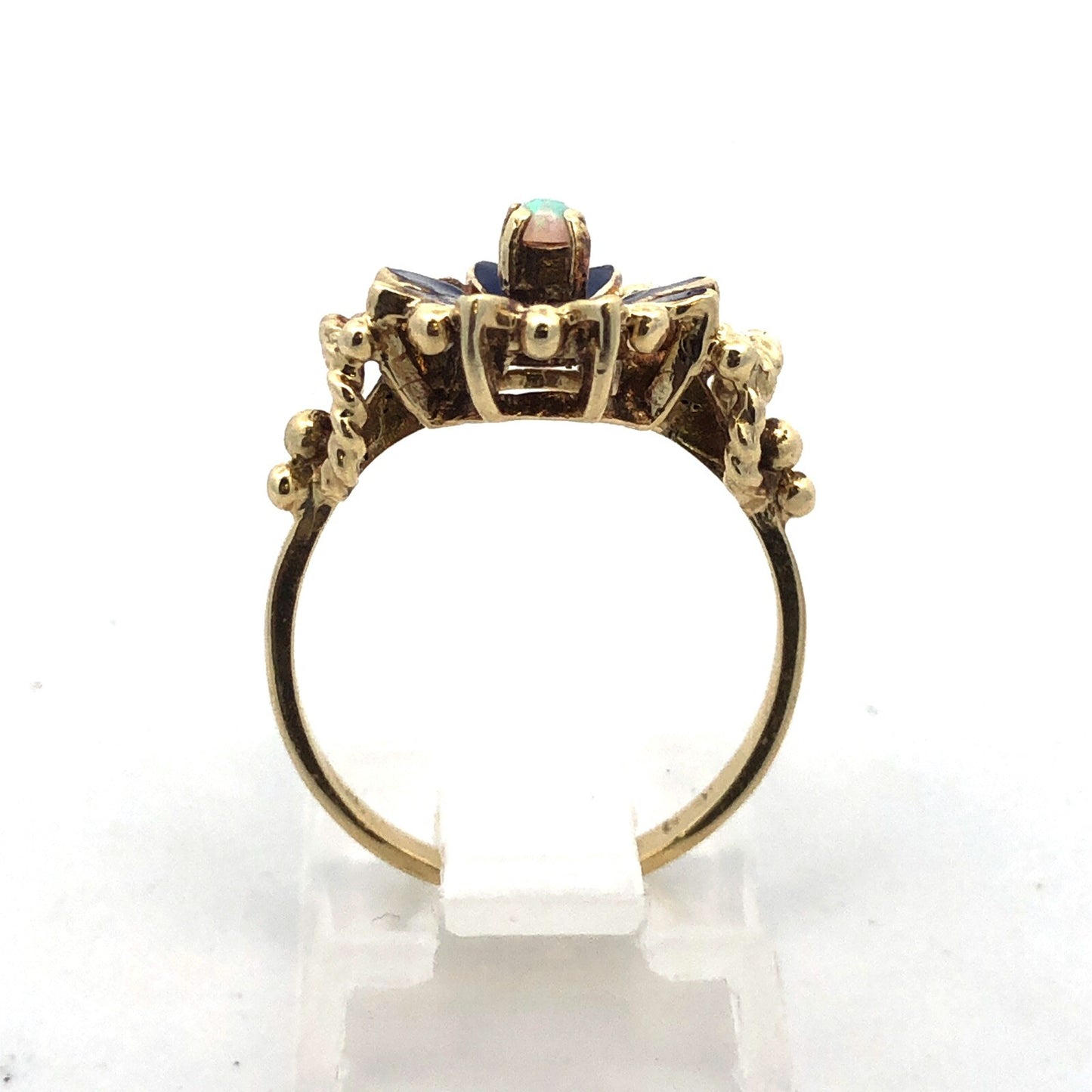 Vintage 14k Yellow Gold Opal and Blue Enamel Flower Ring