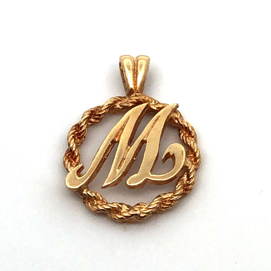 Designer 10K Yellow Gold Letter Initial M Round Pendant