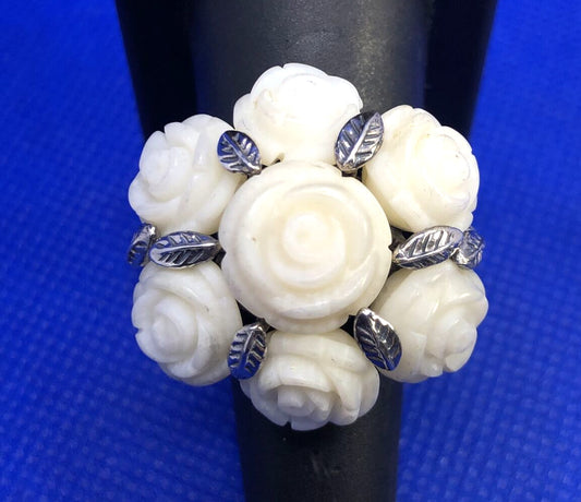 Designer SX 925 Sterling Silver Carved White Resin Rose Bouquet Cocktail Ring